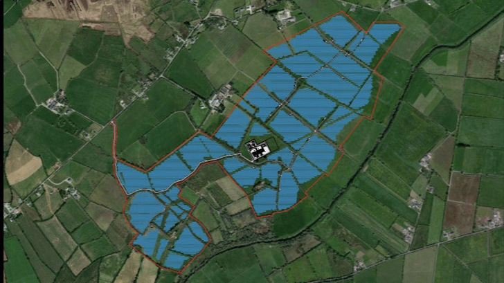 Birds-eye view of the expansive solar park in the Cork countryside