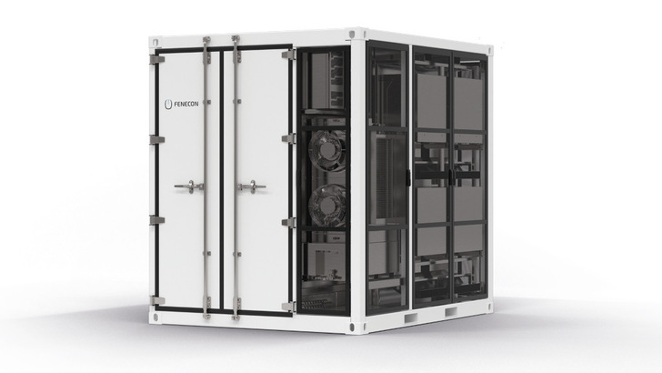 Industrial futurism in a 10-foot box, built on repurposed EV cells.