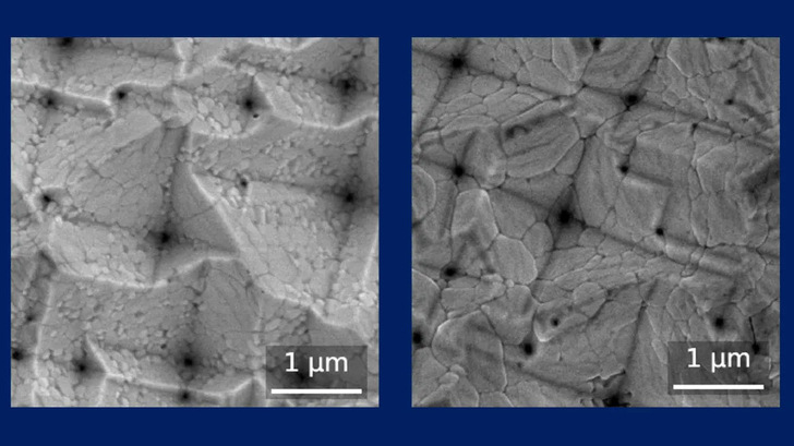 Grain structure without (left) and with (right) the caesium chloride seed layer, showing larger, more uniform grains after treatment