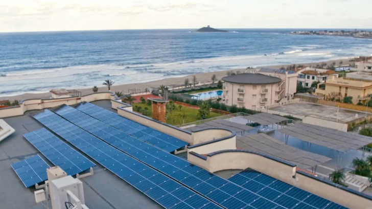 The Saracen Sands Hotel's rooftop array and the Mediterranean beyond