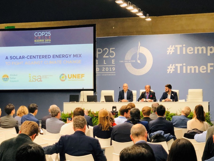 Representatives of  the Global Solar Council, the Spanish Solar PV Association (UNEF) and the International Solar Alliance (ISA) met in Madrid at the UN COP25 Conference. - © Global Solar Council
