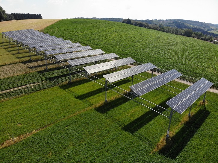 The agrophotovoltaic system in Heggelbach near Lake Constance in Germany. Especially in the hot summer of 2018 the crop yield under the panels was beyond expectations. - © BayWa r.e.
