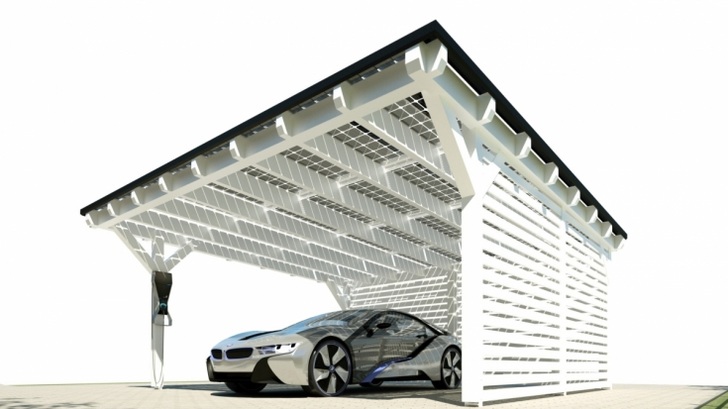 Use the power from your solar carport and your rooftops to power your electric car and save money. Find more information about electric cars, battery range and best electric cars in our overview. - © Solarwatt
