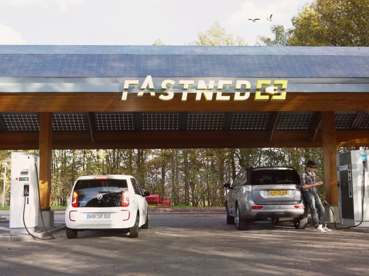The Fastned fast-charging stations at a highway in the Low Countries.