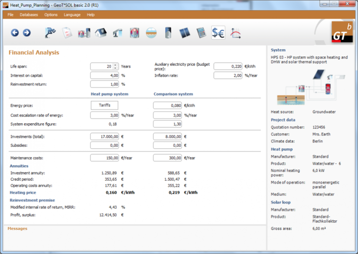 Detailed financial analysis for the heat pump and a comparison project