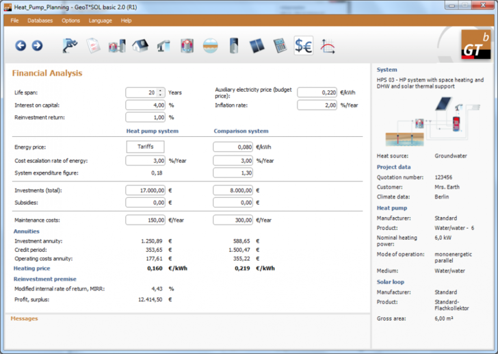 Detailed financial analysis for the heat pump and a comparison project - © Valentin Software
