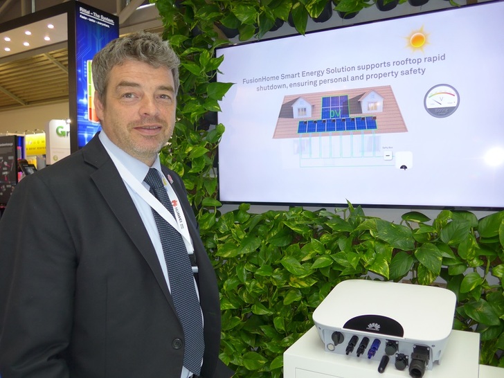 Matthias Wagner from Huawei presents its FusionHome Smart Energy Solution, that also integrates energy storage, at Intersolar Europe 2017.
