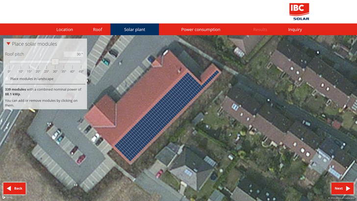Rooftop selection via map view facilitates initial calculation.