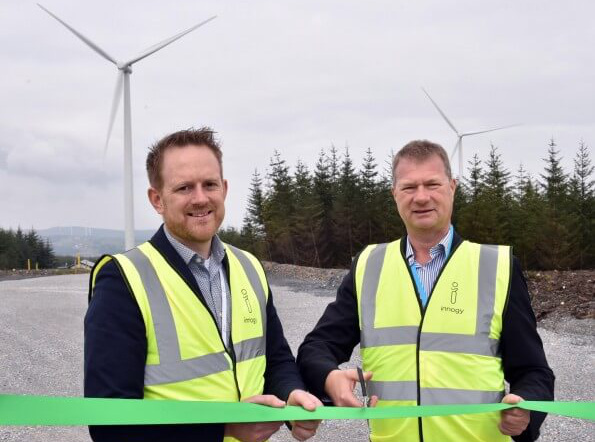 Cathal Hennessy, left, inaugurating the County Kerry wind farm.