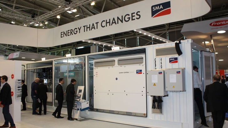 Central station with transformer and power grid connection.