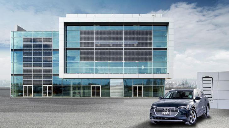 Framed by glass windows, the 118 semi-transparent PV modules were manufactured in 32 different sizes. - © Audi / Peter Zauner
