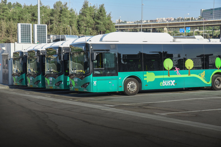Four of the ten electric busses that will from now on take passengers around Jerusalem.