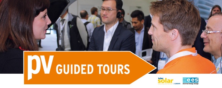 The pv guided tours, which are topic-based, take place at The smarter E (Intersolar Europe, ees Europe, Power2Drive, EM-Power) in Munich in June.
