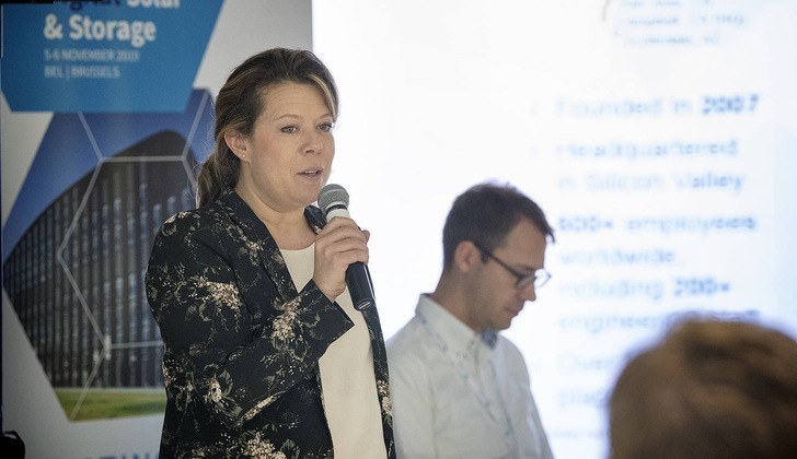Christelle Verstraeten, Senior Director for European Policy at Chargepoint, while presenting the solar e-mobility report at the Digital Solar & Storage event.  