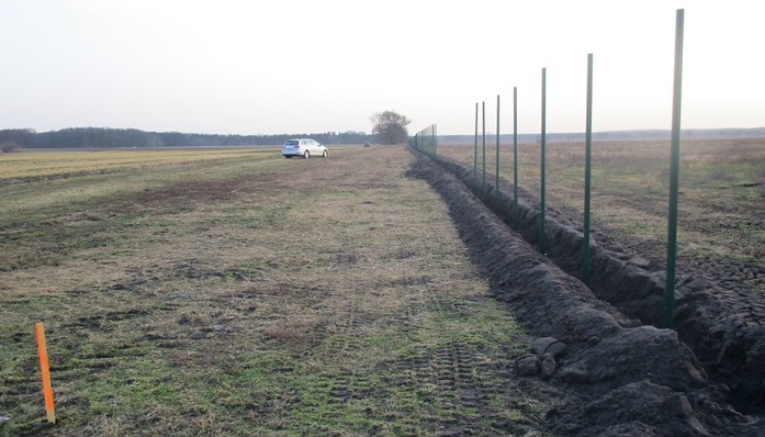 Fence construction for EnBW's 150 MW Gottesgabe solar park in Brandenburg/Germany.