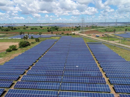 The Pavagada solar park covers an area of 53 square kilometres or 7,420 football fields and generates a total output of around two gigawatts.