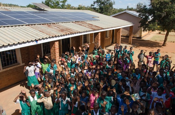 View of the Chamalire school (Malawi), with solar panels on the roof.