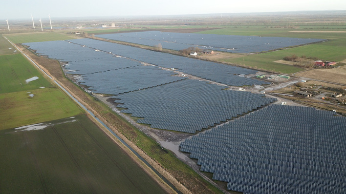 Aerial view of a new EnBW solar park in Alttrebbin, Germany.