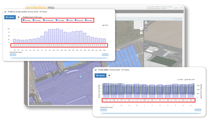 Graphs showing solar energy profiles with tabs for days of the week; map of a solar panel layout in the background. - © Trace Software