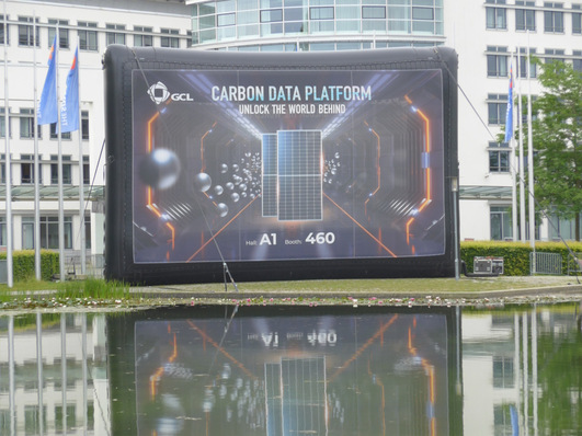  At the trade fair lake of the Munich Trade Fair Center in front of the west entrance to The smarter E Europe 2024.