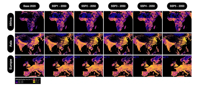 Global rooftop area layer results for different regions. Each panel uses colors to show the amount of rooftop area per grid cell (small area). Rooftop area growth is visible in East China, West Africa, and Central Europe.