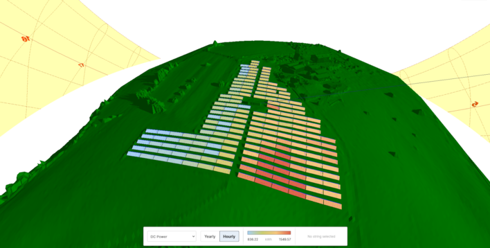 3D solar panel model with color gradient from blue to red on green terrain, indicating varying power output. - © PVcase