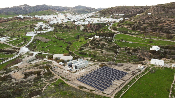 Desalination units (left) and PV system are located close to Kimolos village.