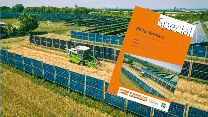 A tractor operates between solar panels in a field, with an overlay of a "PV for farmers" magazine cover. - © Wien Energie / Raphael Faschang