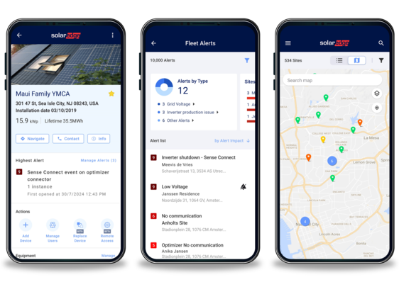 Three smartphones display solar monitoring app interfaces with alerts, stats, and a map view. - © SolarEdge