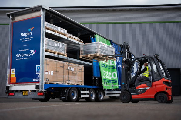 Triple deck trailers in front of Segen's distribution warehouse in Medway, Kent (UK).