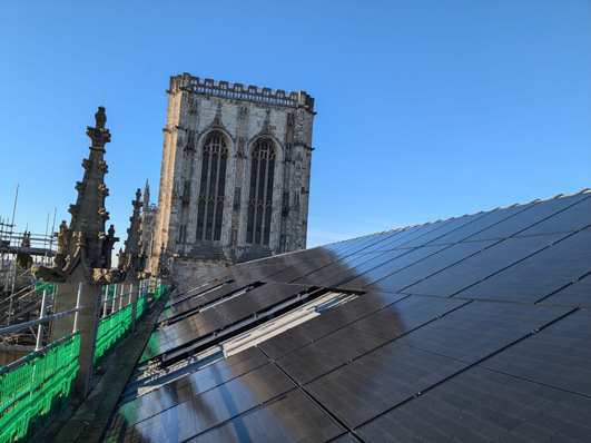 Solarwatt panel vision M 5.0 black modules x 184 on the South Quire rooftop of York Minster Cathedral, England.