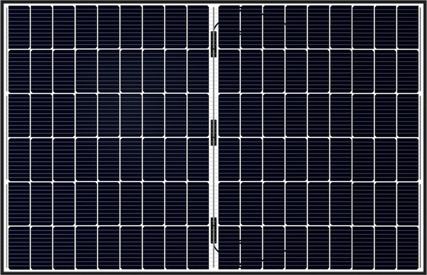 A rectangular solar panel with a grid of black photovoltaic cells and white lines. - © Luxor Solar