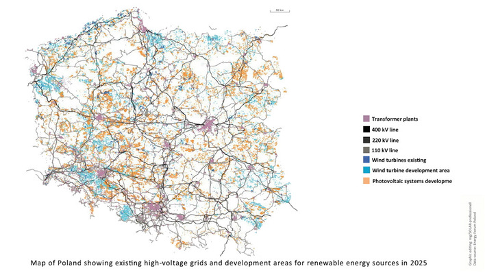 The Polish high-voltage grid as well as potential locations for photovoltaic and wind power plants.