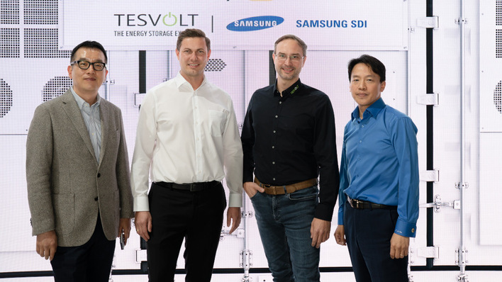 Tesvolt and Samsung team up for greater cybersecurity of battery systems (from left): Hyunwook Kim, Simon Schandert, Daniel Hannemann, JongSuk Lee.