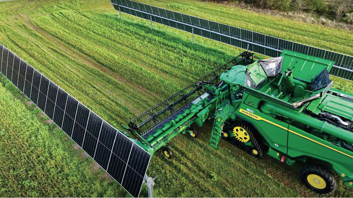 As the panels produce electricity, wide gaps between module rows accommodate large machinery.