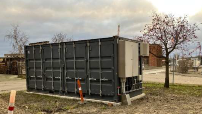 Container of recycled lithium-ion batteries, awaiting deployment at a Bornholm power plant