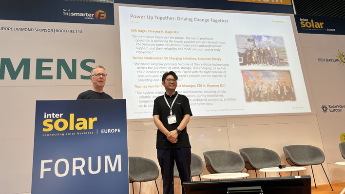 Session stage at the Intersolar Europe 2026 in Munich: Hans-Christoph Neidlein (pv Europe) with Lance Hong (Sungrow)