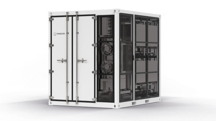 Industrial futurism in a 10-foot box, built on repurposed EV cells.