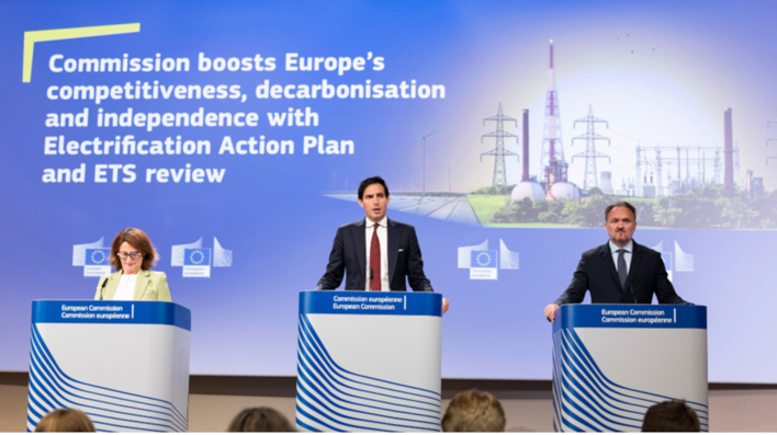 Teresa Ribera, Executive Vice-President of the European Commission, Wopke Hoekstra and Dan Jørgensen, European Commissioners, at the press conference on the ETS review and energy package