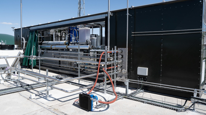 The reactor and conversion hardware at Rivan's UK facility, running directly on DC power from the adjacent solar array