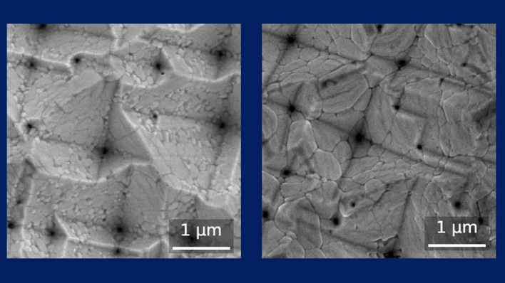 Grain structure without (left) and with (right) the caesium chloride seed layer, showing larger, more uniform grains after treatment