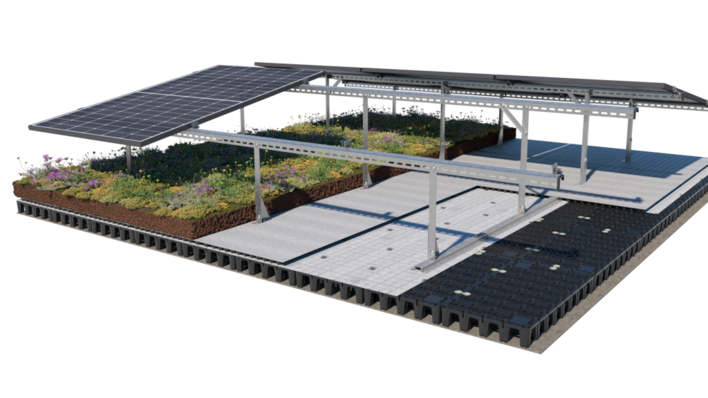 Retention elements at the base hold the rain the plants and panels don’t need