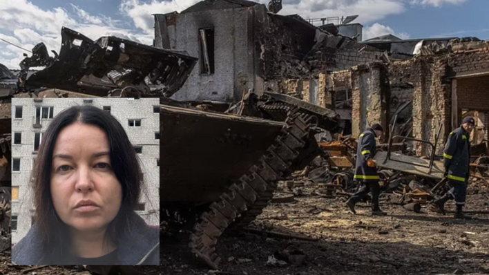 Polina Kolodiazhna, who works with Greenpeace on solar for hospitals; behind her, the remains of a hospital in Trostianets struck by Russian rockets