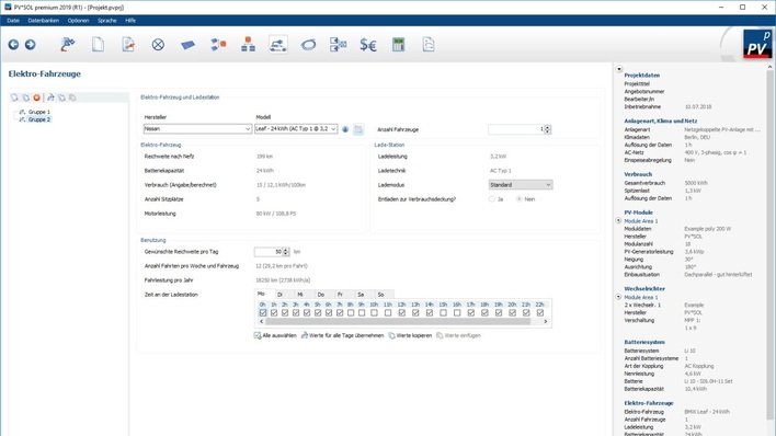 PV*SOL Premium allows the setting of important input parameters to plan the over all setup for EV charging.