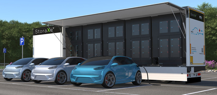 Mobile High Power Charger is able to rapid-charge up to ten EVs simultaneously.