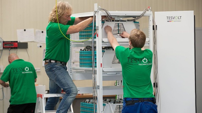 Final assembly of a commercial energy storage system at Tesvolt's factory in Wittenberg near Berlin.