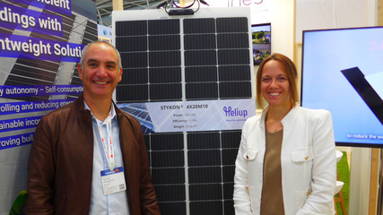 Yannick Veschetti, CEO of Heliup and COO Maryline Joanny present its frameless Stykon lightweight modules, which weigh less than 5 kilograms per square meter