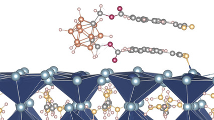 The carborane core (left) and its two functional arms, approaching the perovskite surface