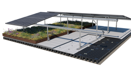 Retention elements at the base hold the rain the plants and panels don’t need
